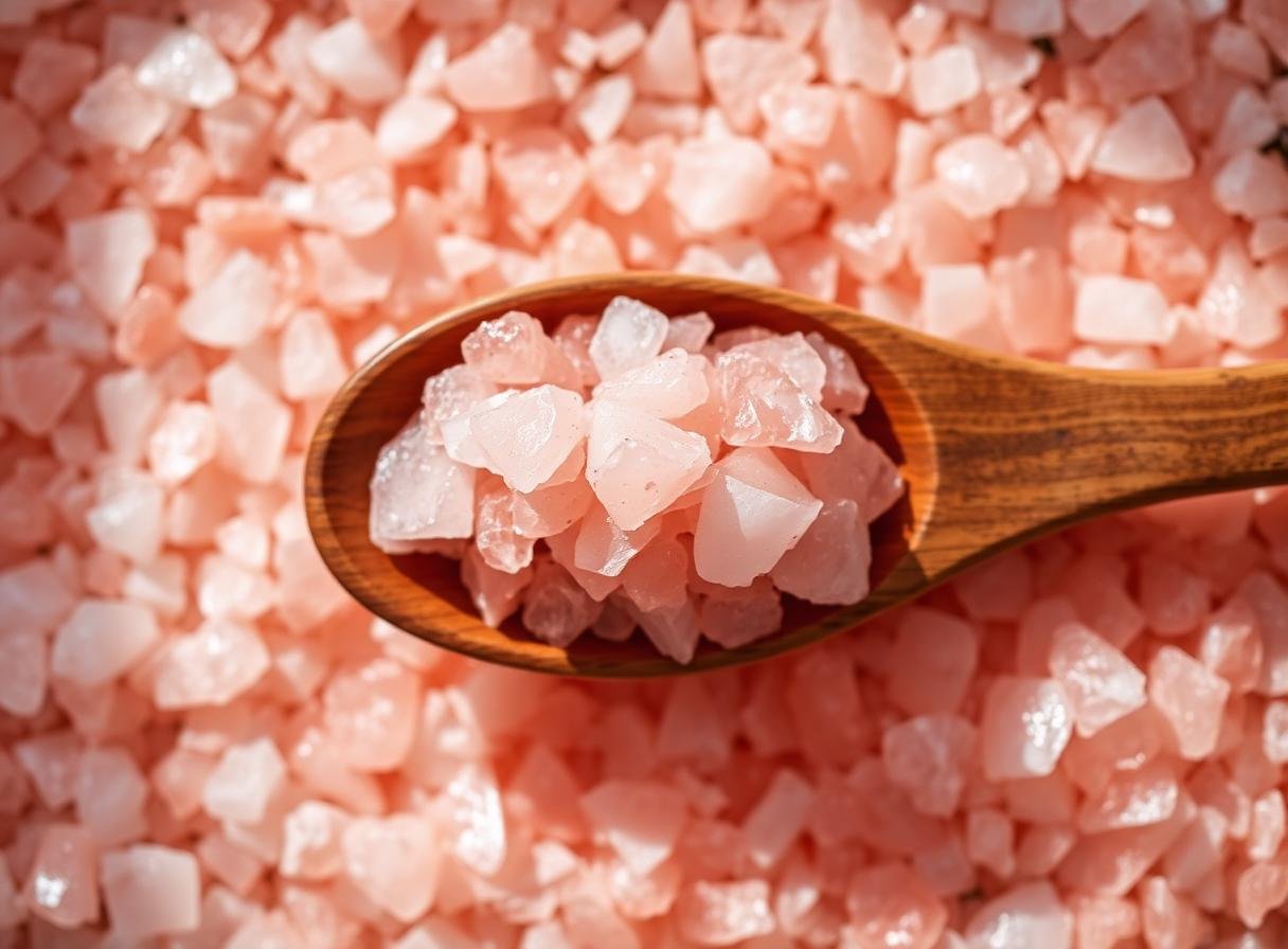 Wooden spoon with pink Himalayan salt crystals